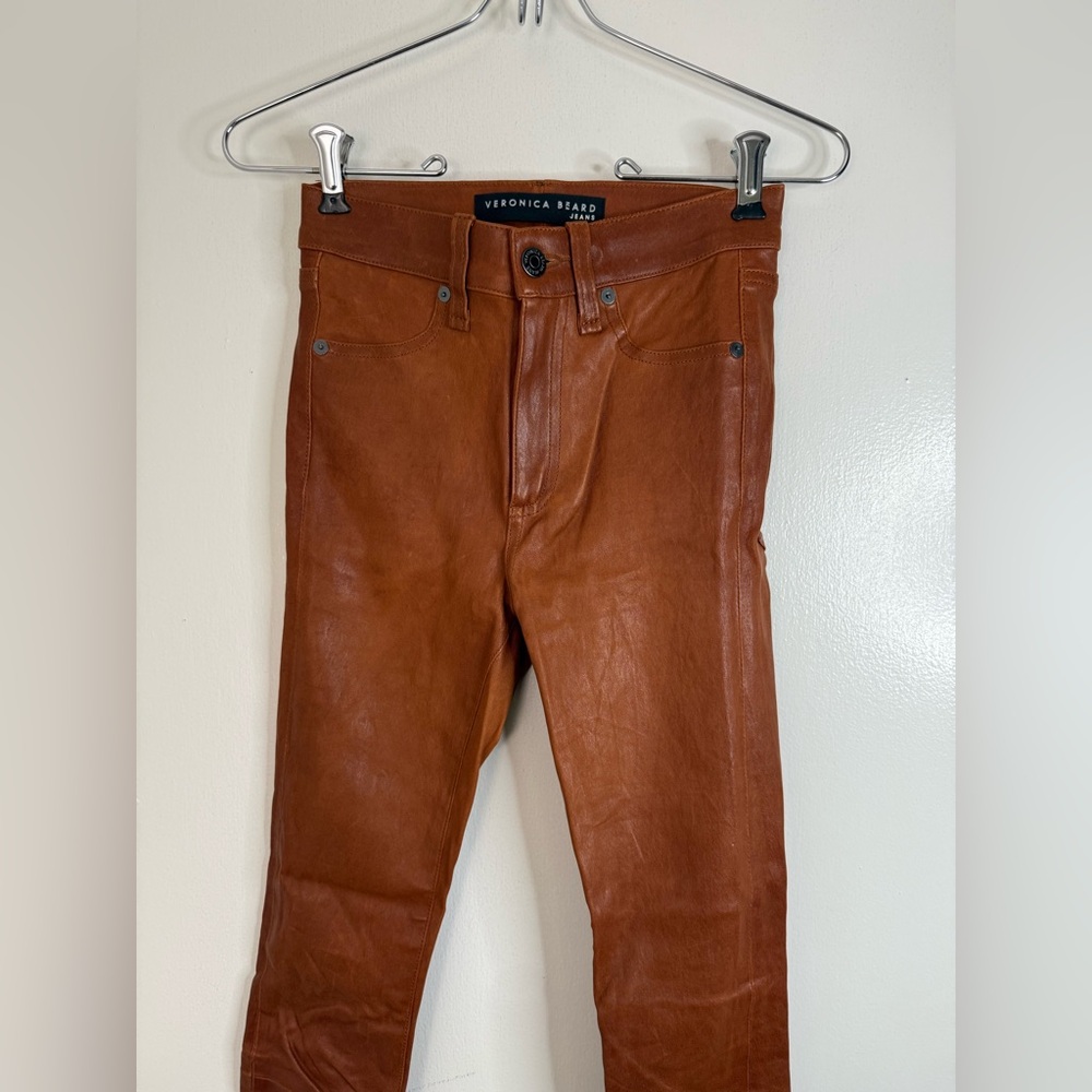 Veronica Beard Kate skinny genuine leather pants in cognac 24 - Picture 4 of 10